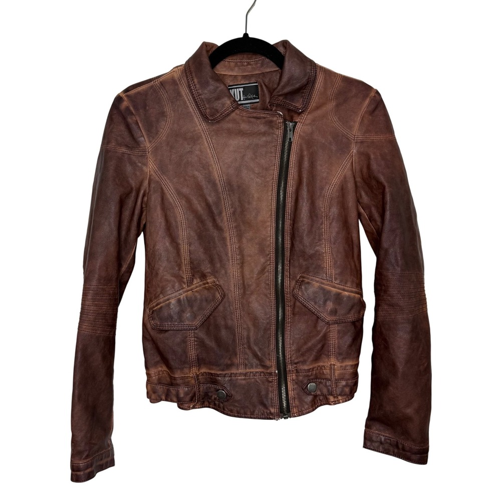 KUT from the Kloth Brown Faux Leather Moto Jacket Womens Small Distressed Grunge